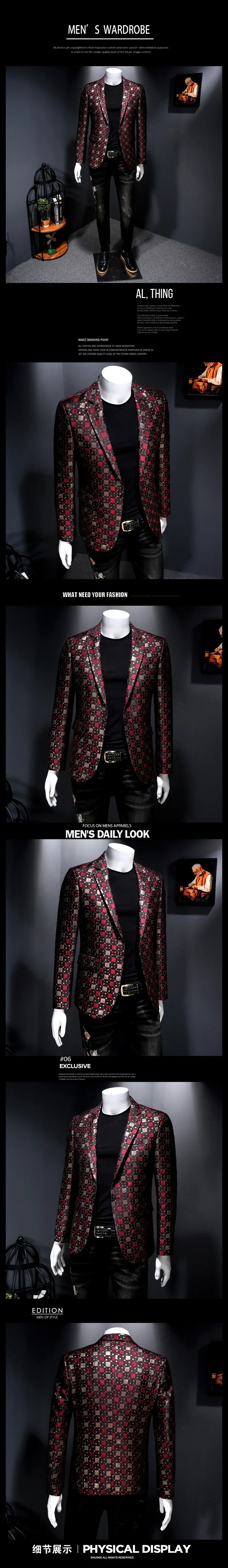 Autumn New Luxury Men Slim Fit Lattice Stage Casual Suit Coat New Silver Burgundy Green Men Groom Wedding Suit Lattice Coats