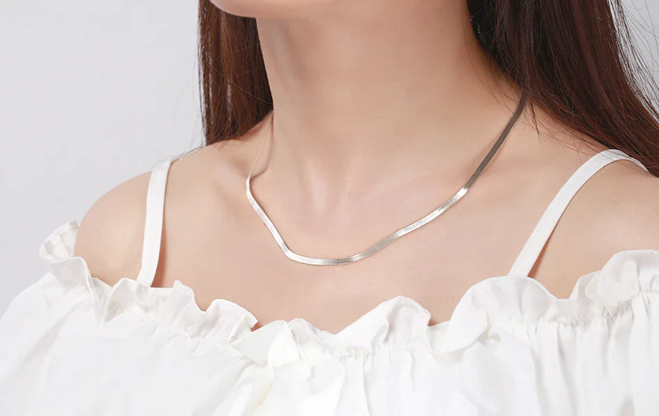 925 Sterling Silver 3mm Gold Flexible Flat Chain Herringbone Snake Chain Necklace for Women Neck Chain Jewelry SC35