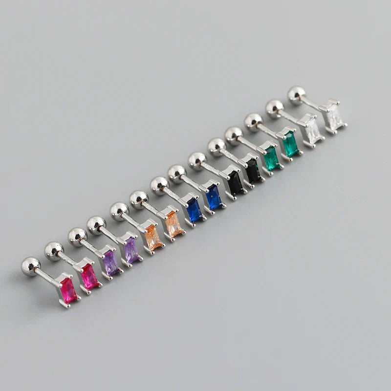 925 Sterling Silver Colorful Square Shiny Zircon Beads Piercing Stud Earrings for Women Fashion Gothic Exquisite Jewelry