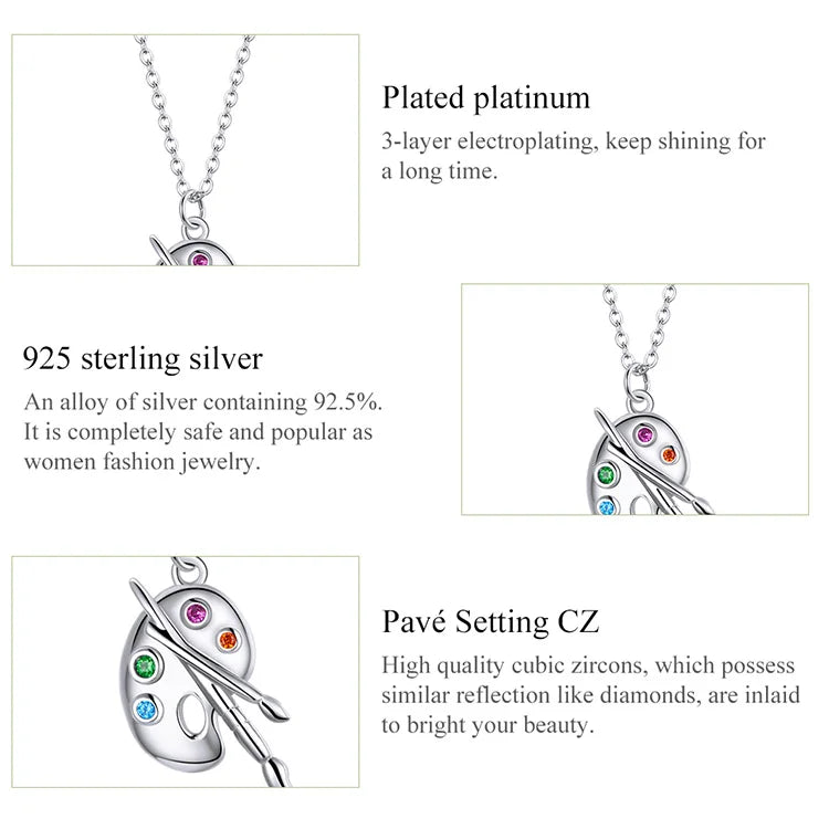 925 Sterling Silver Color Palette Necklace Chain Zircon Crystal Art Brush for Women Fine Statement Jewelry SCN457