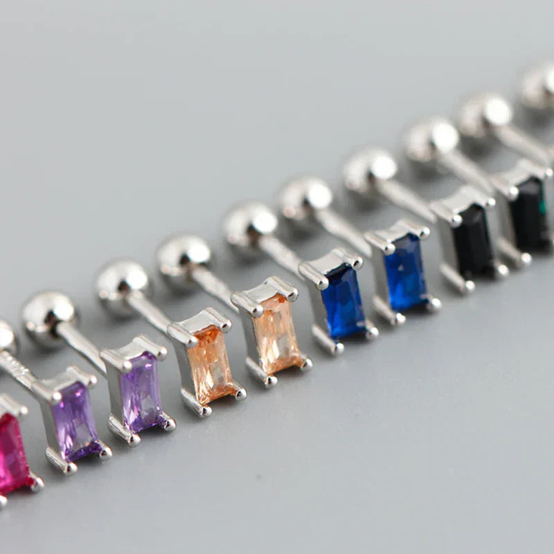 925 Sterling Silver Colorful Square Shiny Zircon Beads Piercing Stud Earrings for Women Fashion Gothic Exquisite Jewelry