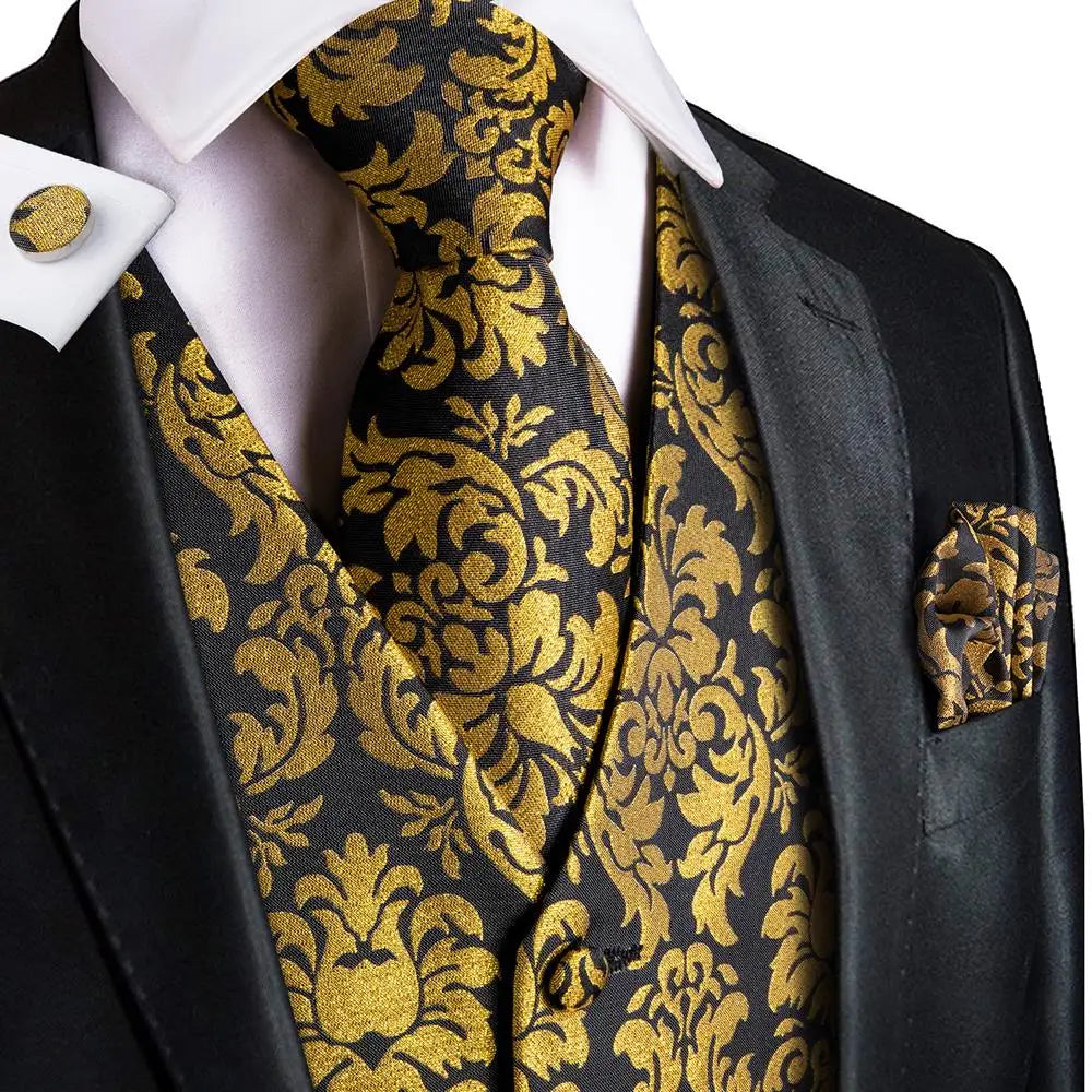 Fashion Silk Vest For Men Classic Gold Champane Yellow Waistcoat Jacket Tie Hankerchief Cufflinks Sets Dress Suit Wedding Hi-Tie