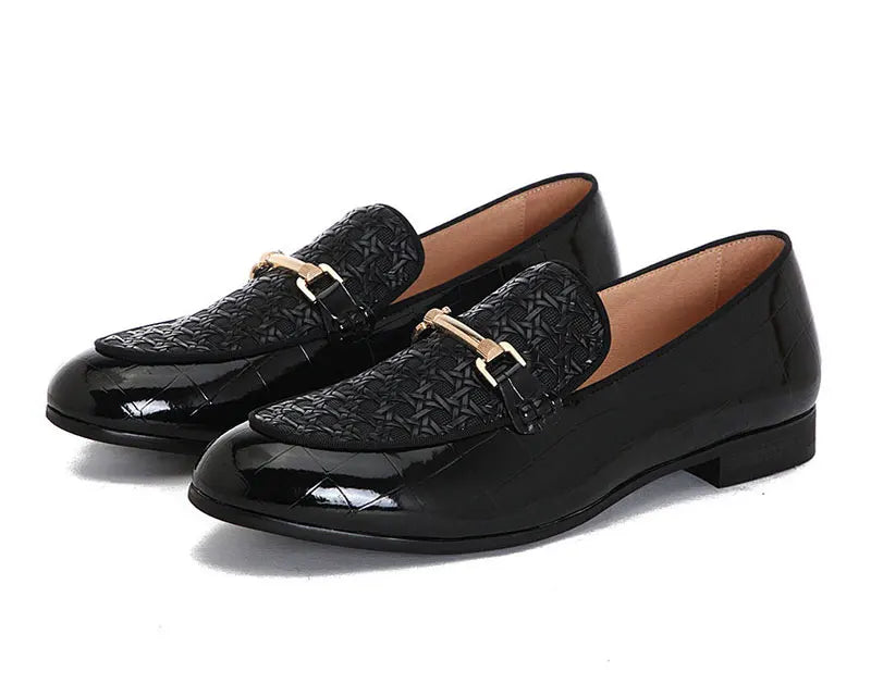 Men Black Leather Shoes Fashion Braid Patterns Casual Shoes Men's Loafers with Gold Chain Buckle Male Wedding Dress Shoes