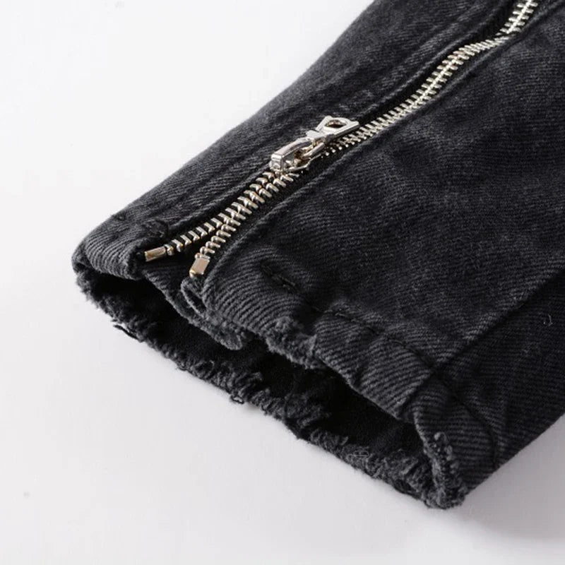 Men's Zippers Black Biker Jean Jacket Streetwear Thick Denim Slim Coat with Belt High Quality