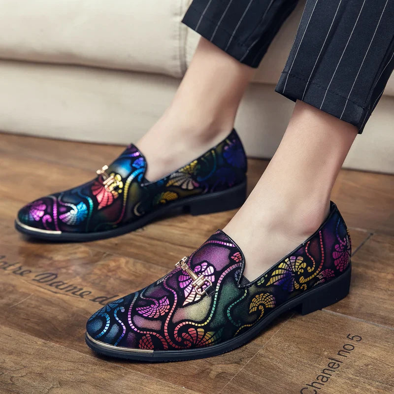 New Men Dress Leather Shoes For Men Luxury British Gold Blue National Pattern Oxfords Classic Gentleman Wedding Prom Shoes