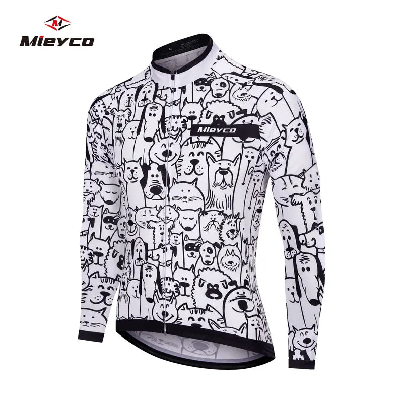 White Cartoon Cat Road Cycling Jersey 2025 Mens Long Sleeve Mountain Racing Bicycle Clothing Maillot Ropa Ciclismo Hombre Wear