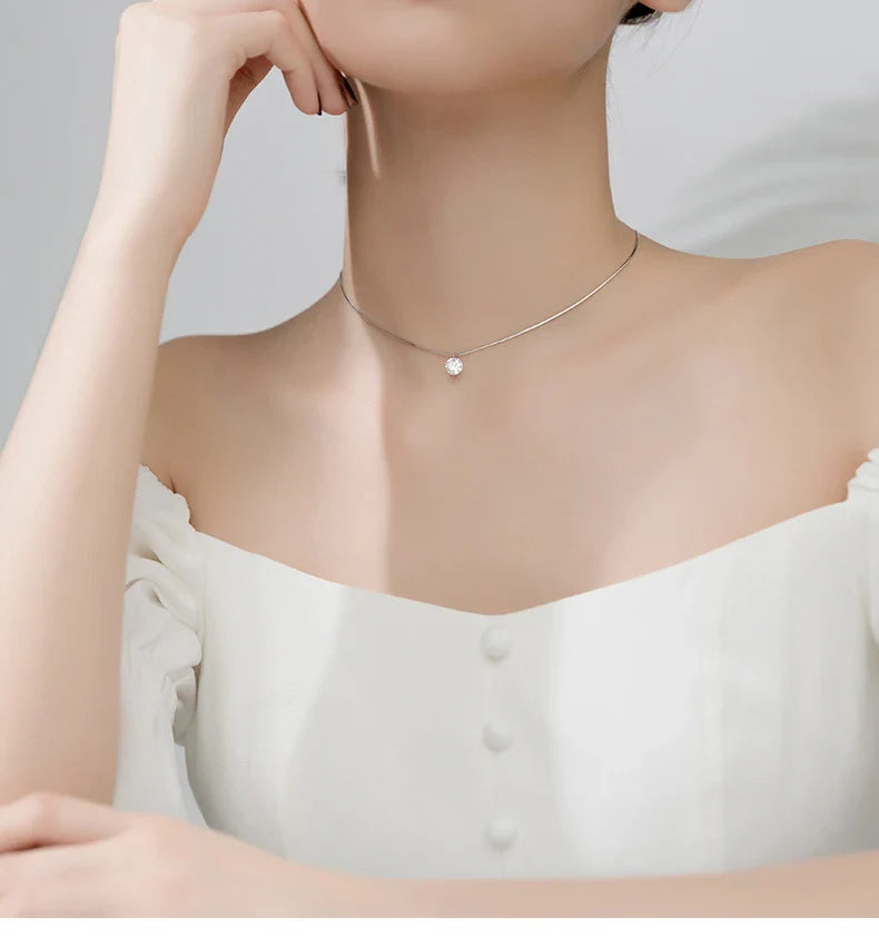 Pure 925 Sterling Silver Dazzling AAA Zircon Round Pendant Necklace for Women Fashion Choker Necklace Fine Jewelry