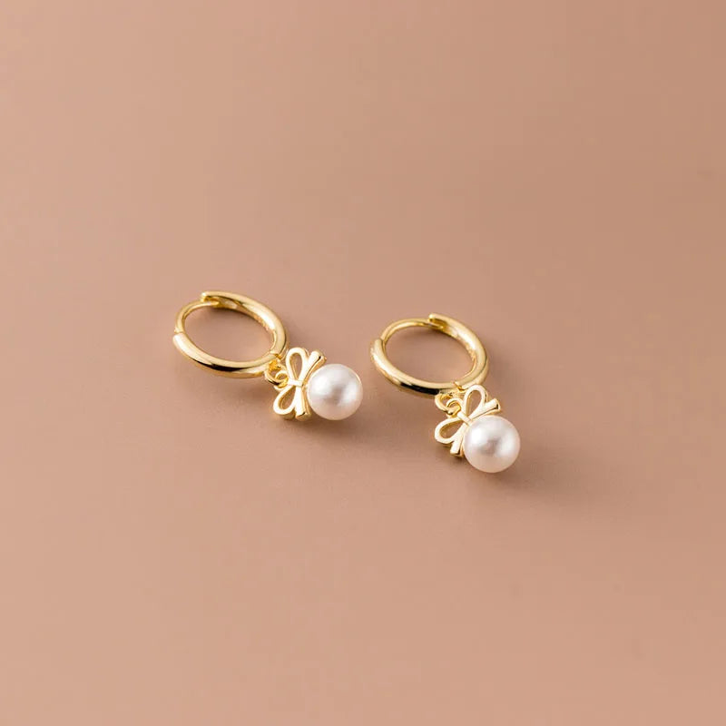 925 Sterling Silver Cute Butterfly Synthetic Pearl Pendant Drop Earrings Fashion Charm Gold Plated Huggies Jewelry Women
