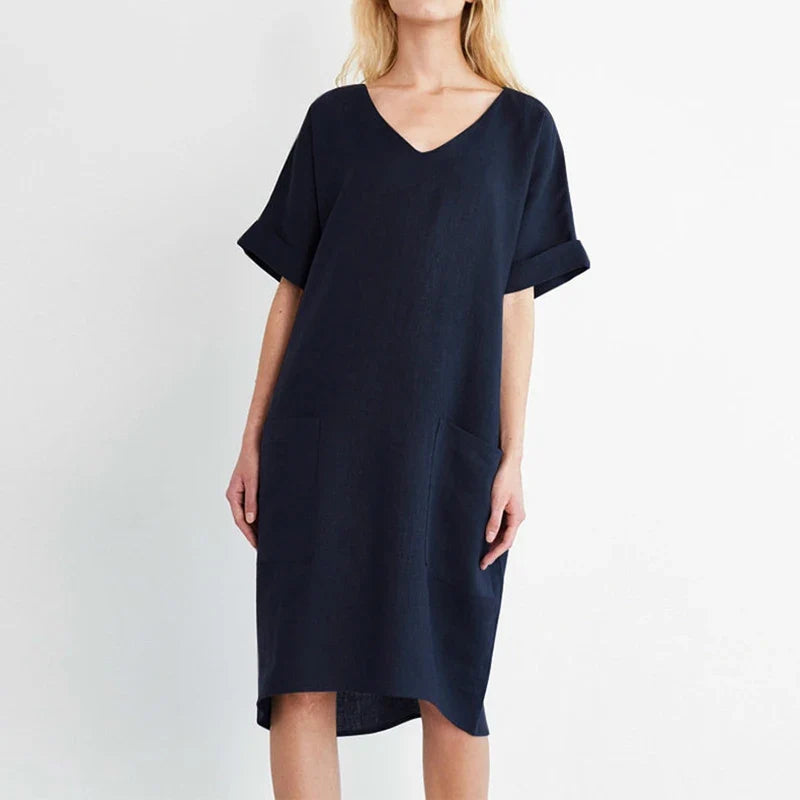 Women Casual Short Sleeve V Neck Cotton Linen Loose Dress Vintage Solid Pockets Oversized Dress Elegant Beach Holiday Mini Dress