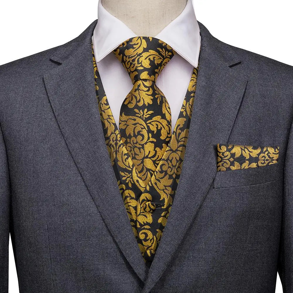 Fashion Silk Vest For Men Classic Gold Champane Yellow Waistcoat Jacket Tie Hankerchief Cufflinks Sets Dress Suit Wedding Hi-Tie