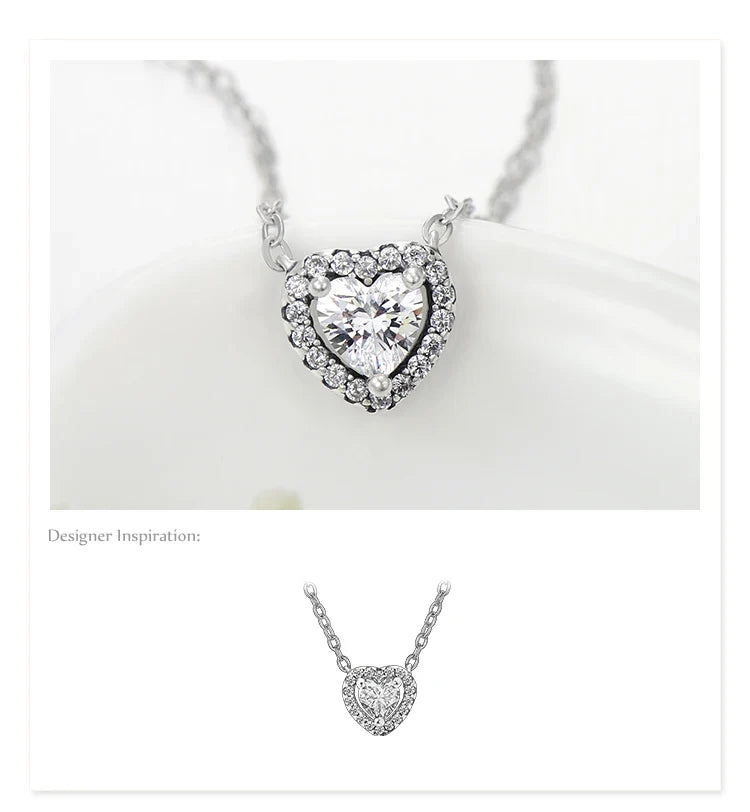 Real 925 Sterling Silver Clear CZ Heart Pendant Necklace for Women Chain Fashion Wedding Statement Jewelry Accessories
