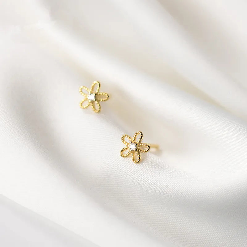 Real 100% 925 Sterling Silver Cute Sweet Hollow Mini Small Flower Geometric Stud Earrings for Women Korean Fine Jewelry