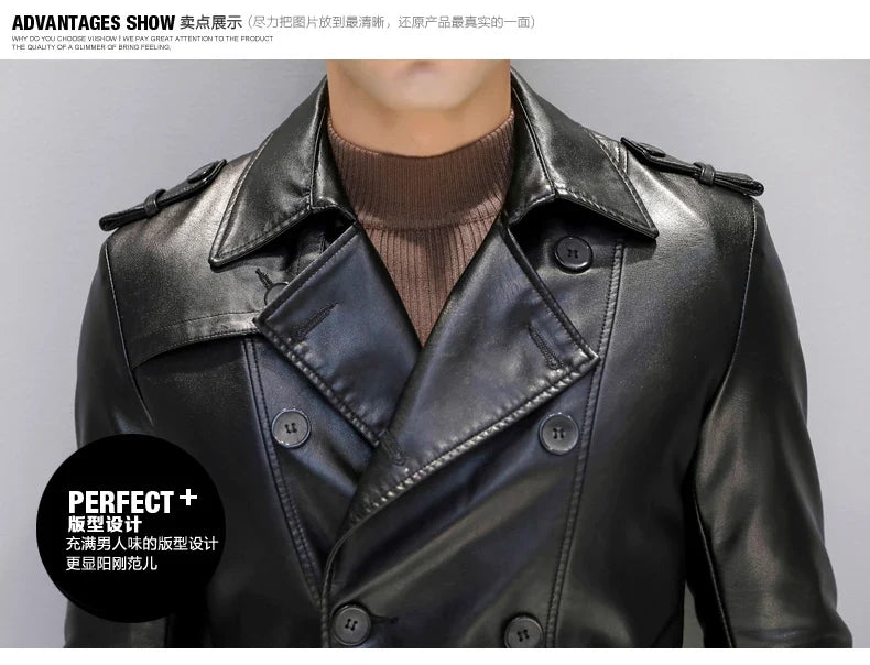 Autumn Black Faux Leather Trench Coat Men Long Sleeve Belt Double Breasted Brown Plus Size Men Clothing 2022 4xl 5xl