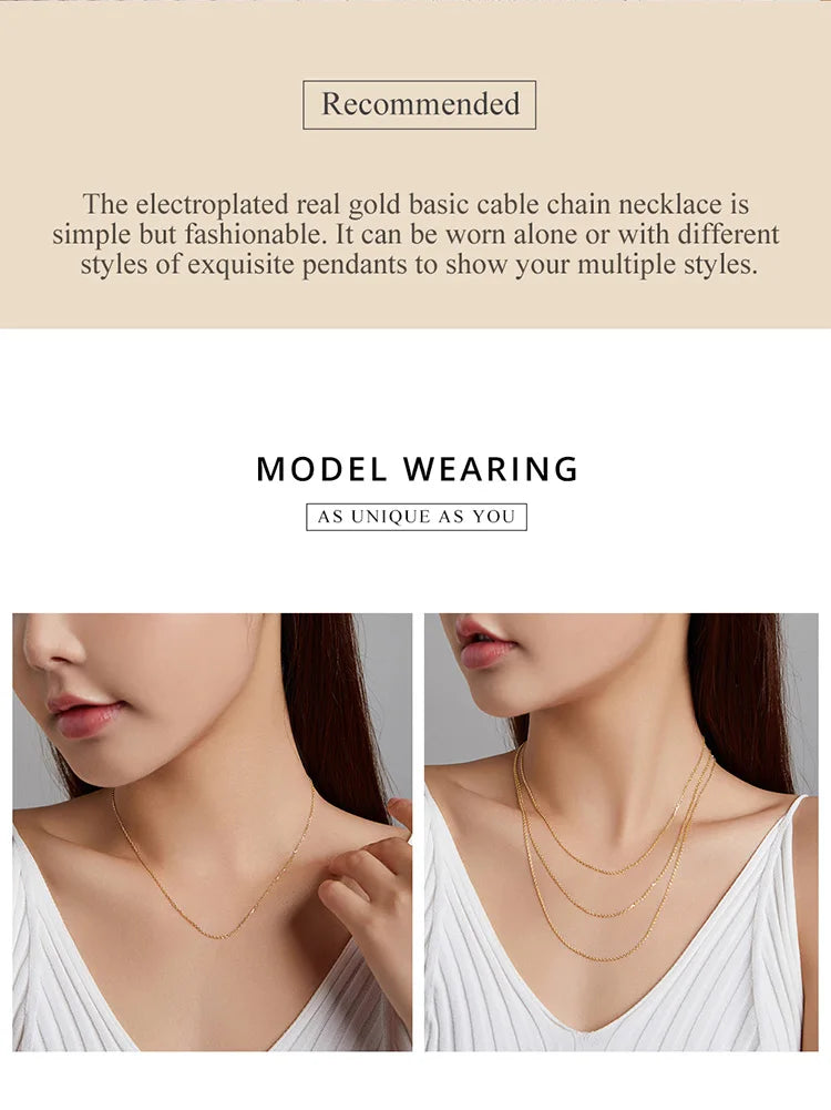 Authentic Gold Color 925 Sterling Silver Basic Cable Chain Necklace Pendant for Women Long Chain Fashion Jewelry SCA016