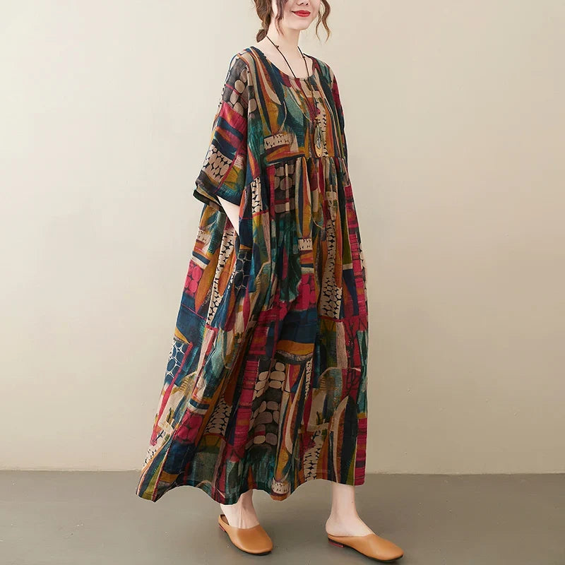 Short Sleeve Cotton Linen Vintage Print Summer Long Dresses For Women 2026 Casual Loose Holiday Ladies Dress Elegant Clothes