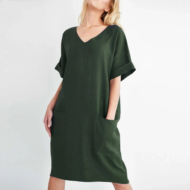 Women Casual Short Sleeve V Neck Cotton Linen Loose Dress Vintage Solid Pockets Oversized Dress Elegant Beach Holiday Mini Dress