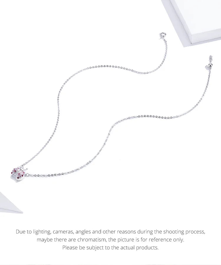 Genuine 925 Sterling Silver Pink CZ Ladybug Insect Chain Pendant Necklace for Women 45cm Kid Gifts Fine Jewelry SCN400