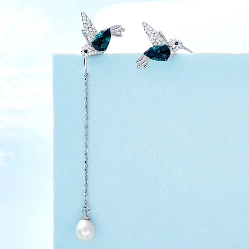 S925 Sterling Silver Hummingbird Freshwater Pearl Earrings Green Austrian Crystals Cute Animal Jewelry Gifts for Women Girls
