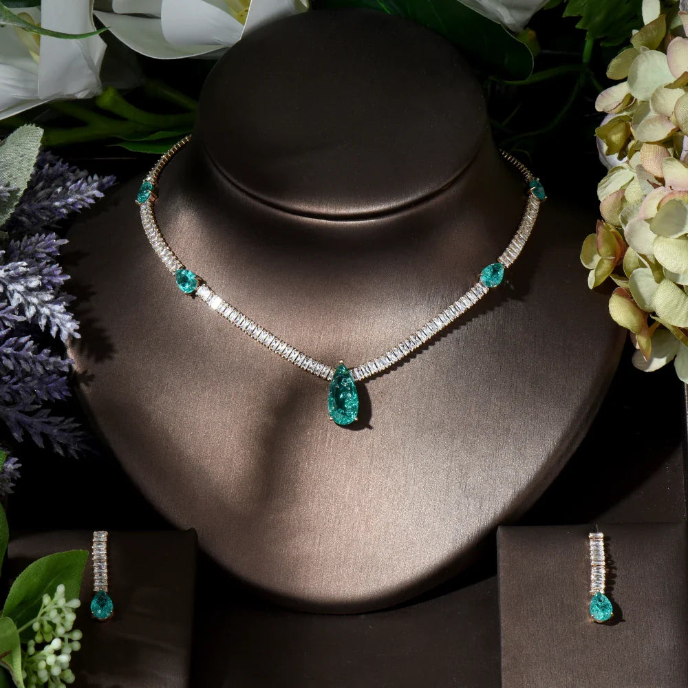 New Arrivial 2pcs Water Drop Multicolor Necklace and Earring Set Cubic Zirconia Nigeria Women Wedding Jewelry Sets N-394