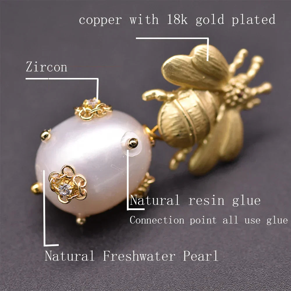 Bee And  With Natural Pearls Pearl Earrings 18K Gold Plated Jewelry Korean Designer Jewelry Earrings Gifts For Girlfriend