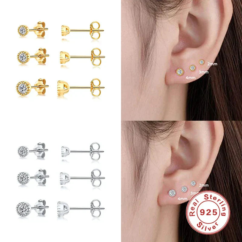 3pcs/set Bling Zircon Earring 925 Sterling Silver Cute Mini Heart Star Stud Earrings Ear Bone Earlobe Piercing Jewerly