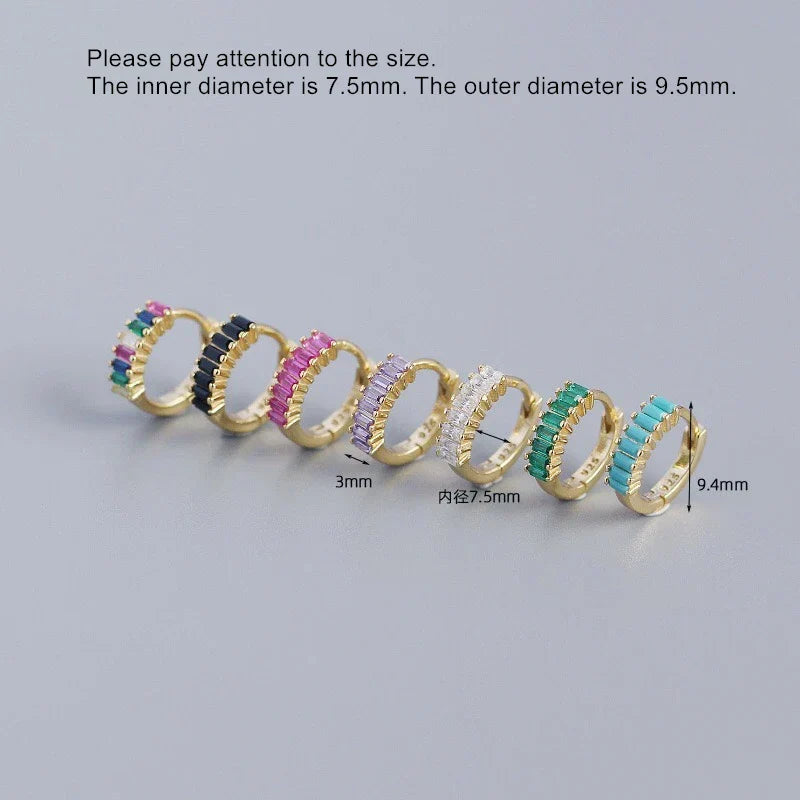 925 Sterling Silver Earring Fashion Rectangle Color Zircon Round Ear Ring Ear Bone Wild Trend Sweet Simple Women Girl Ear Jewelr