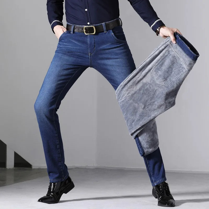 Winter New Men's Warm Blue Black Slim Jeans Classic Style Stretch Slim Fit Thick Pants Fashion Trousers Male Brand