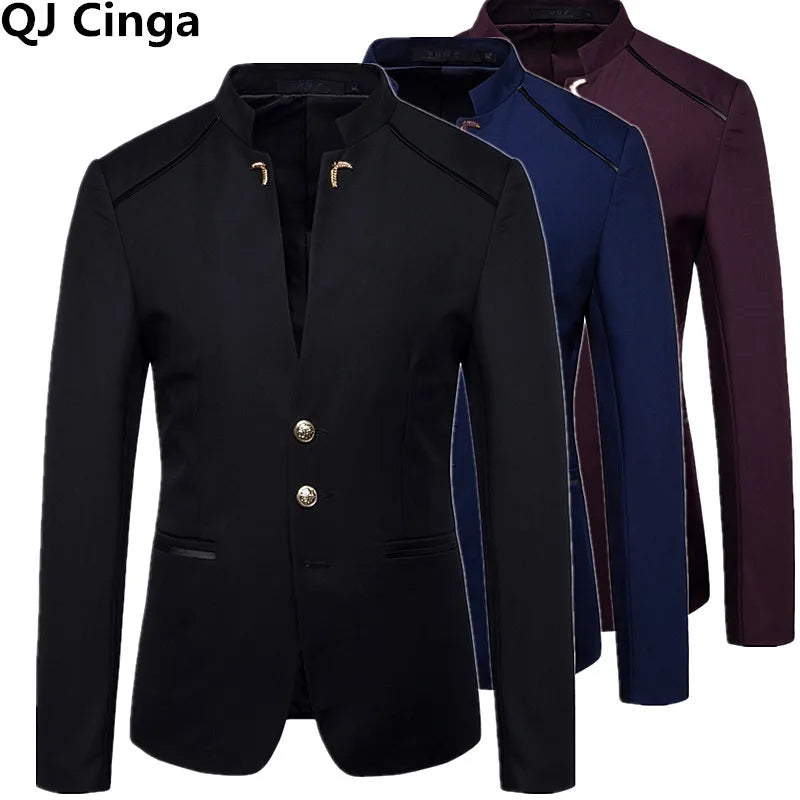 2026 New Men's Black Blazers Coat, Masculino Single Breasted Stand Up Collar Men Long-Sleeved Terno Jacket, Blue Red Overcoat
