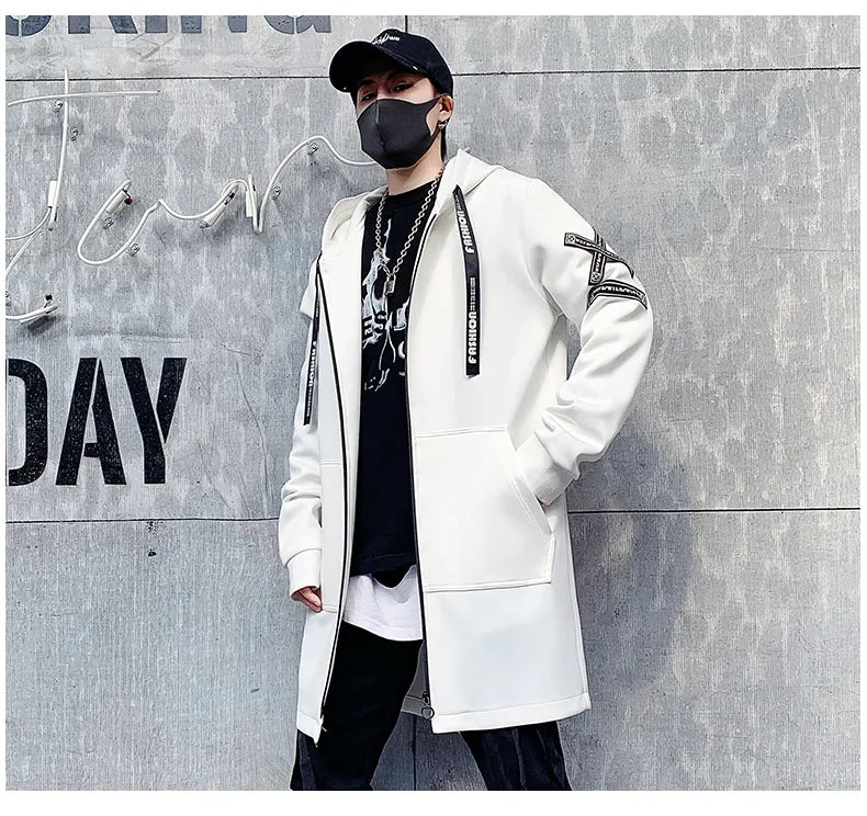 New Men Streetwear Black Jackets And Coats Hip Hop Harajuku Hooded Men's Windbreaker Overcoat Mens Clothing Outwear M-5XL