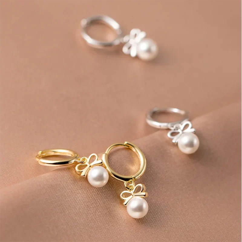 925 Sterling Silver Cute Butterfly Synthetic Pearl Pendant Drop Earrings Fashion Charm Gold Plated Huggies Jewelry Women