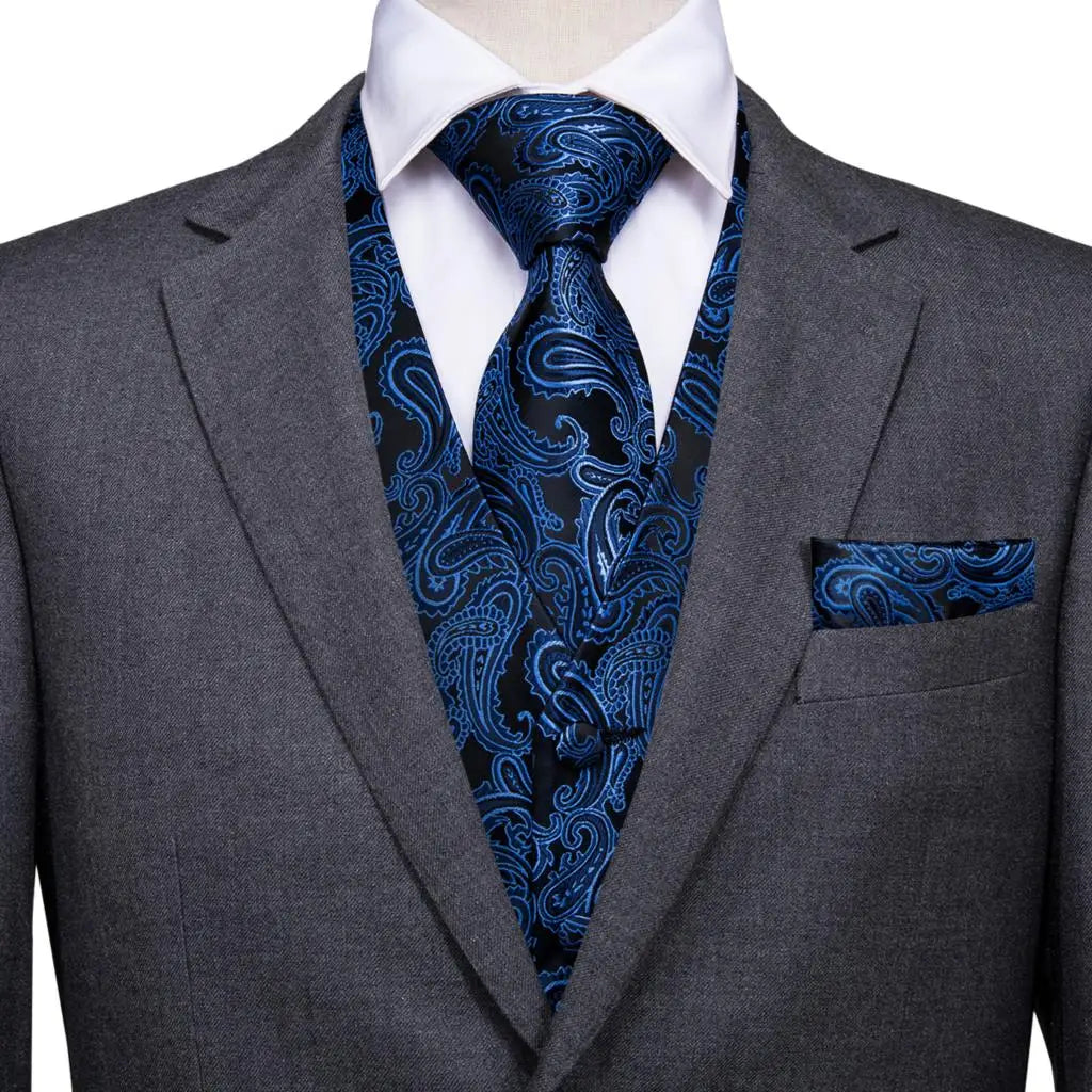 Fashion Silk Vest For Men Classic Gold Champane Yellow Waistcoat Jacket Tie Hankerchief Cufflinks Sets Dress Suit Wedding Hi-Tie
