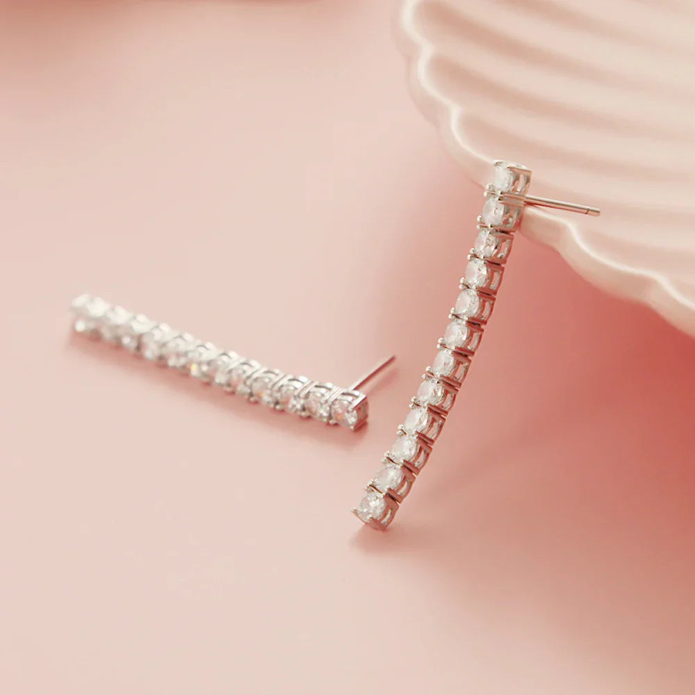 Real Sterling Silver 3mm Round Cubic Zirconia 38mm Height Dangle Design Solid 925 Metal Jewelry Tennis Earrings