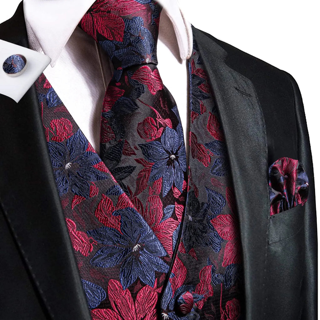 Luxury Mens Vests Black Gold Floral Jacquard Waistcoat Tie Hanky Cufflinks Brooch Set for Men Suit Wedding Office XL
