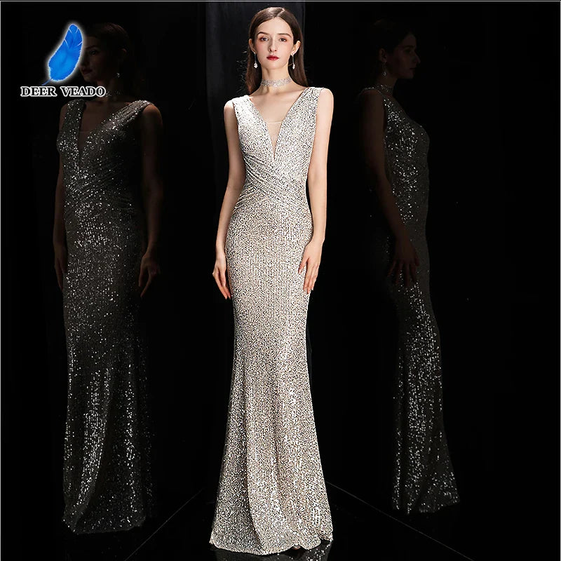 Elegant V Neck Sequin Evening Dress Long Mermaid Formal Dress