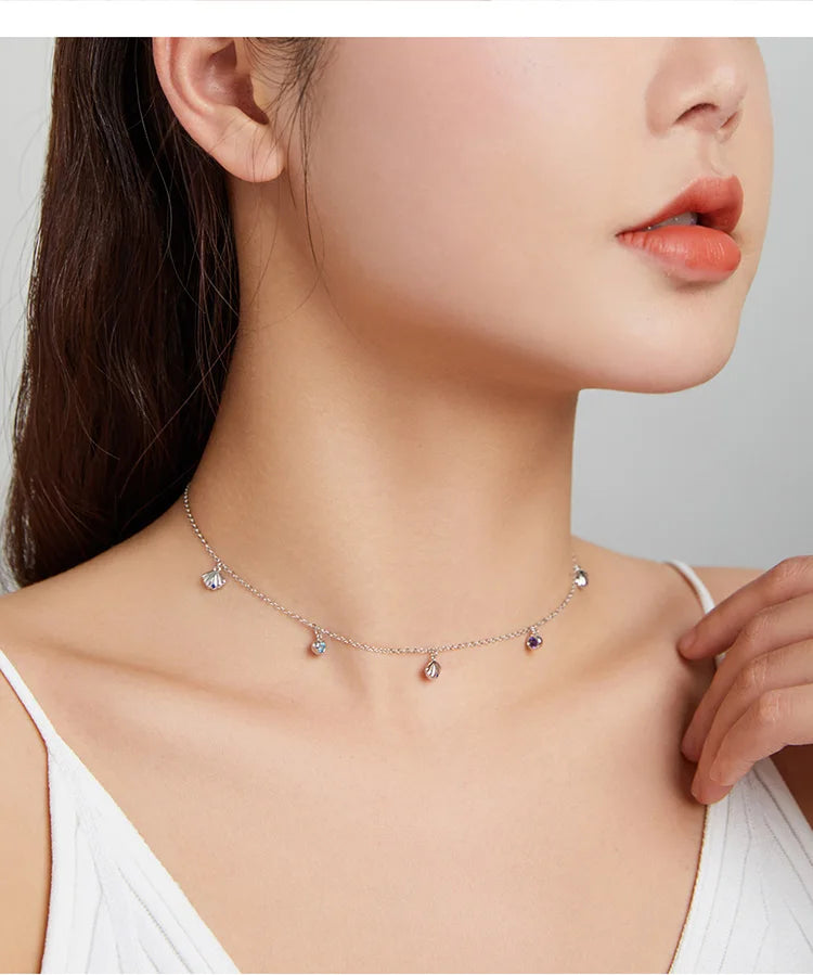 Authentic Silver Seashell Necklace 925 Sterling Silver Blue CZ Love Necklace Gift for Girl Statement Fine jewelry SCN454