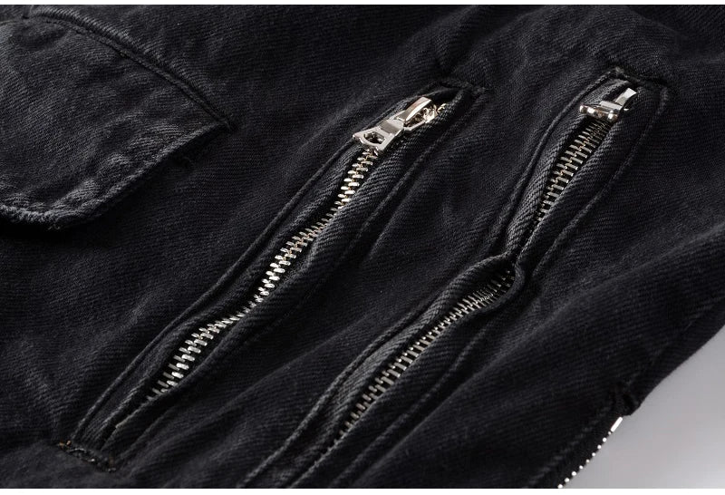 Men's Zippers Black Biker Jean Jacket Streetwear Thick Denim Slim Coat with Belt High Quality