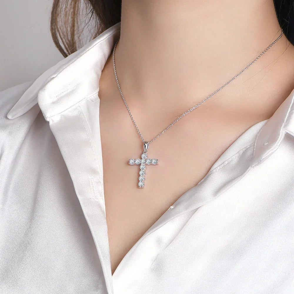 Handmade Cross Pendant Moissanite Solid Sterling 925 Silver Necklace For Women Luxury Jewelry for Engagement Christmas