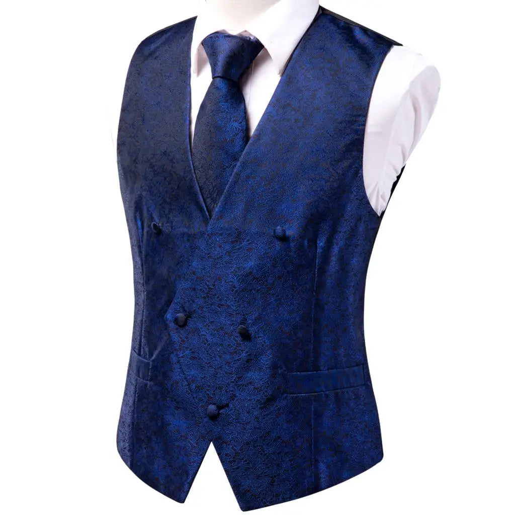 Silk Men's Vests and Tie Business Formal Dresses Slim Vest 4PC Necktie Hanky cufflinks for Suit Blue Paisley Floral Waistcoat