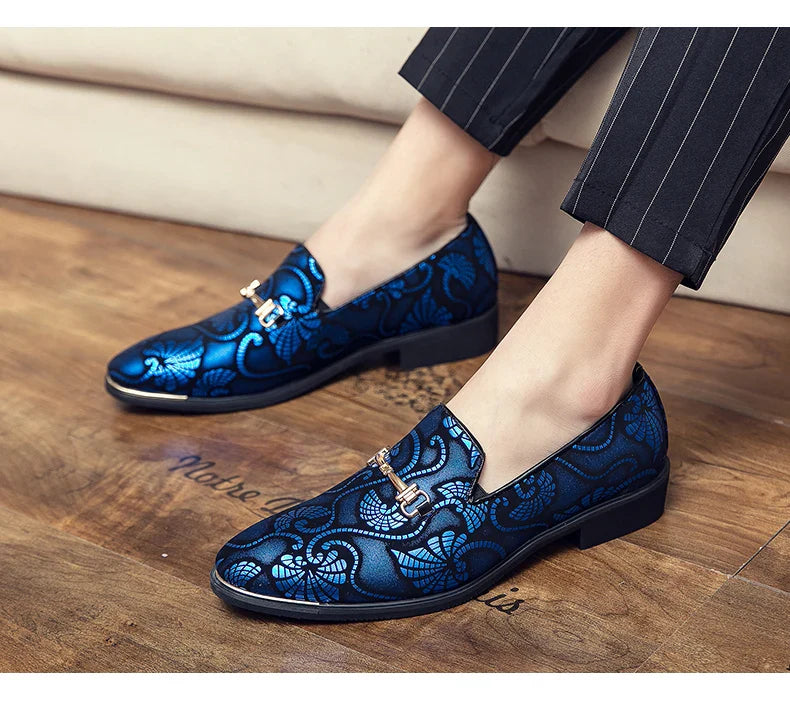 New Men Dress Leather Shoes For Men Luxury British Gold Blue National Pattern Oxfords Classic Gentleman Wedding Prom Shoes