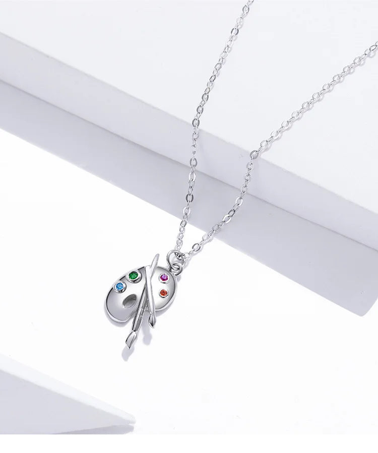 925 Sterling Silver Color Palette Necklace Chain Zircon Crystal Art Brush for Women Fine Statement Jewelry SCN457