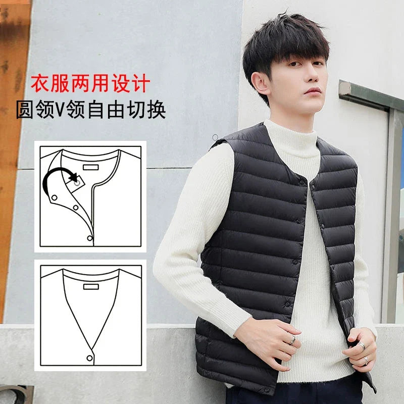 7XL Plus Size 90 White Down Vest Men Ultra Light Down Vest Portable V-neck Sleeveless Coat Man Winter Warm Liner