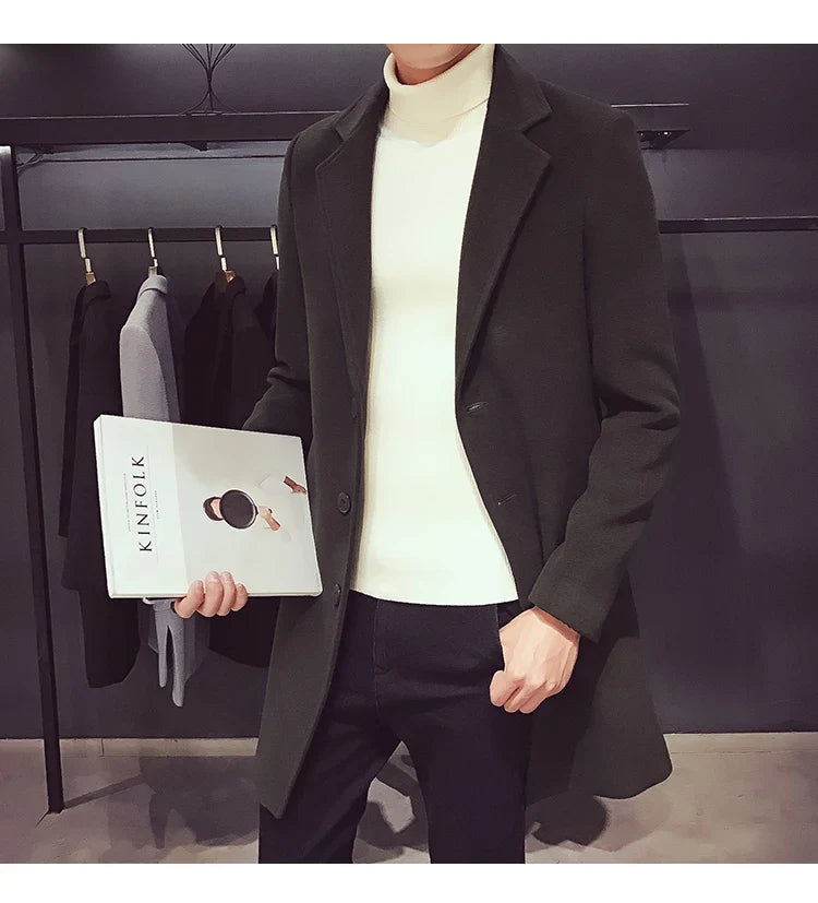 Men Long Cotton Coat 2025 Autumn Winter Wool Blend Pure Color Business Casual Slim Fit Windbreaker Jacket Fashion Men Clothing