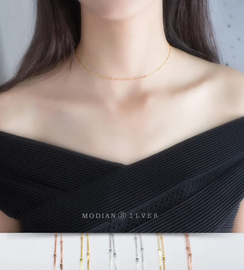 Simple 3 Color Choker Necklace for Women Gift Authentic 925 Sterling Silver Light Beads Naked Chain Fashion Fine Jewelry