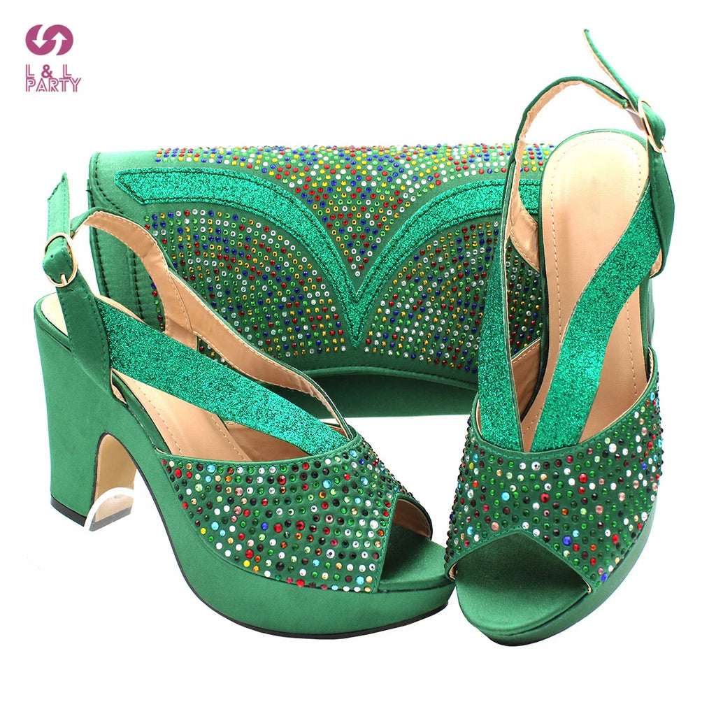 Fashionable Italian Women Shoes Matching Bag in Green Color