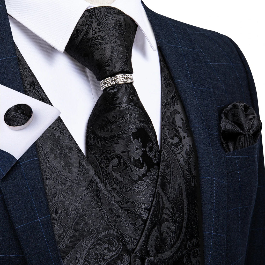 Classic Black Wedding Vest for Men Suit Vest Tie Ring Cufflinks Hanky Set for Party Formal Dress Business Casual Waistcoat