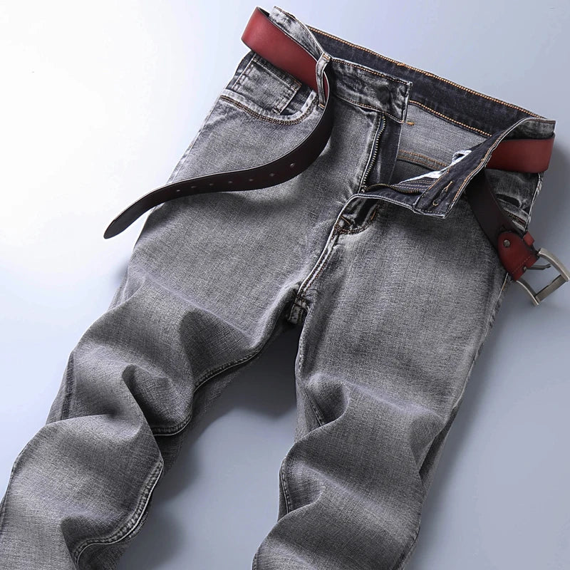 2025 New Men's Stretch Regular Fit Jeans Business Casual Classic Style Fashion Denim Trousers Male Black Blue Gray Pants