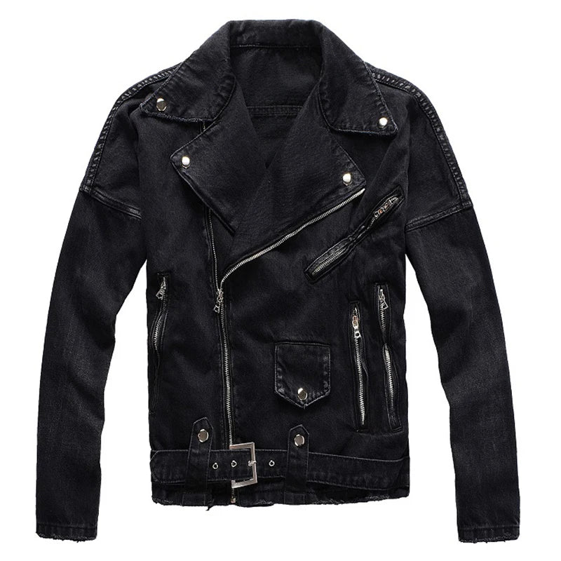 Men's Zippers Black Biker Jean Jacket Streetwear Thick Denim Slim Coat with Belt High Quality