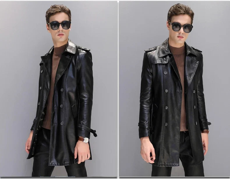 Autumn Black Faux Leather Trench Coat Men Long Sleeve Belt Double Breasted Brown Plus Size Men Clothing 2022 4xl 5xl