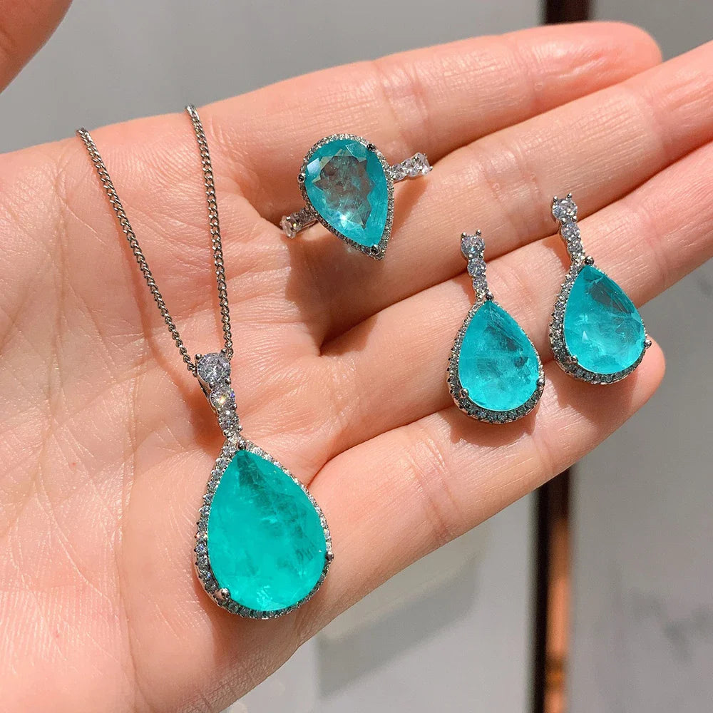 Luxury 925 Sterling Silver Paraiba Tourmaline Gemstone Earrings/Pendant/Necklace/Ring Wedding Jewelry Sets Wholesale