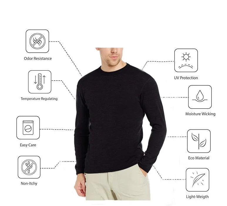 100% Merino Wool men long sleeve T Shirt Thermal Base Laye Wool Shirt 200gsm Wicking Breathable Anti-Odor